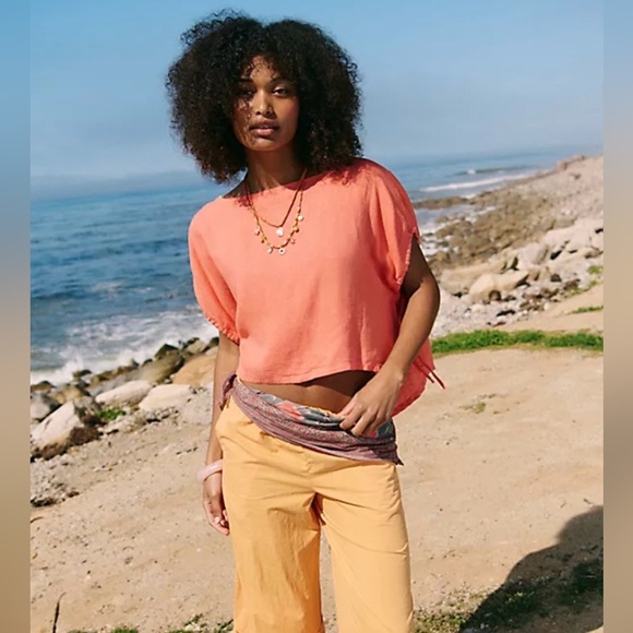 NWT FREE PEOPLE FREE EST LUNA LINEN TOP FRESH CORAL - Picture 3 of 3